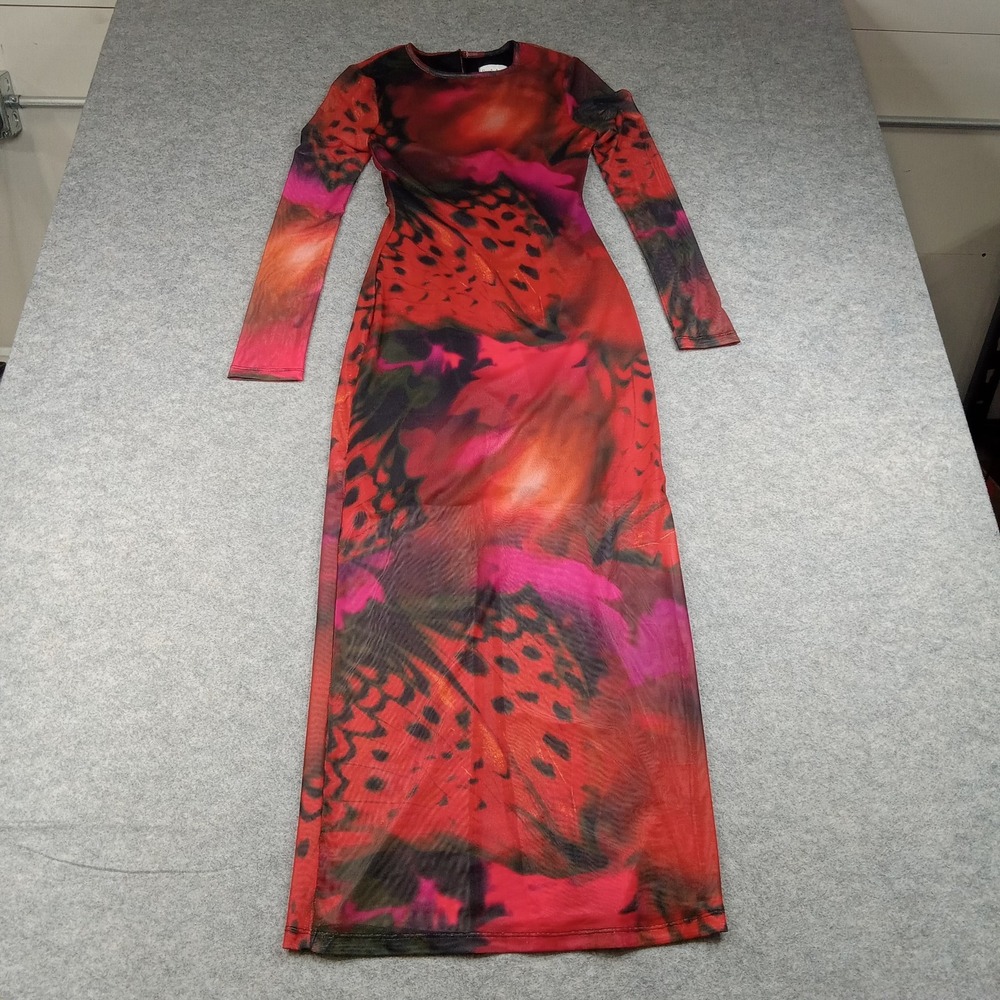 Premier Amour Dress Womens 4 Red Floral Mesh Long Sleeve Maxi Bodycon Party